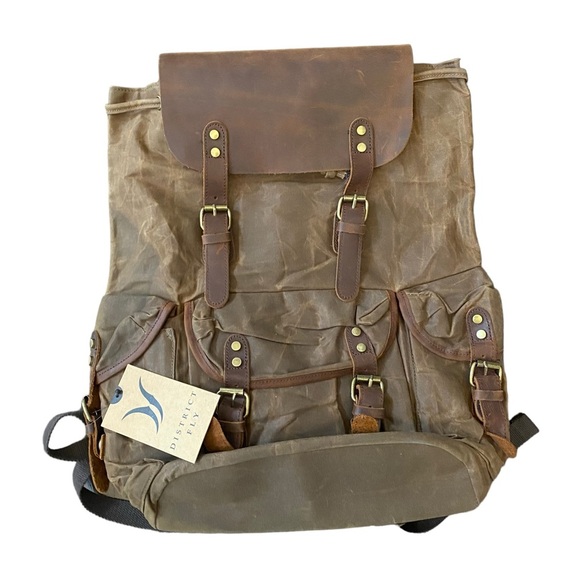 NWT District Fly Brown Leather Fabric Mix Humanely Produced Travelers Backpack - Picture 1 of 14